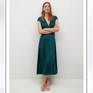 Mango MNG A-Line V-Neck Cap Sleeves Midi Satin Dress-Dark Green-Women Size 6